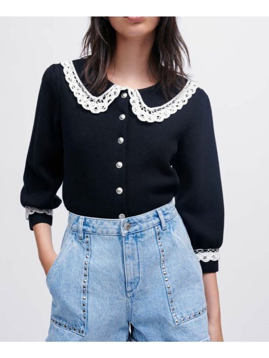 Maje Tops - Maje Mirandal Black knit cardigan with large contrast collar Romantic Large